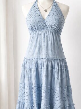 BCBGMAXAZRIA Frost Blue Eyelet Halter Midi Dress Size XS NWT Tiered Boho Cotton
